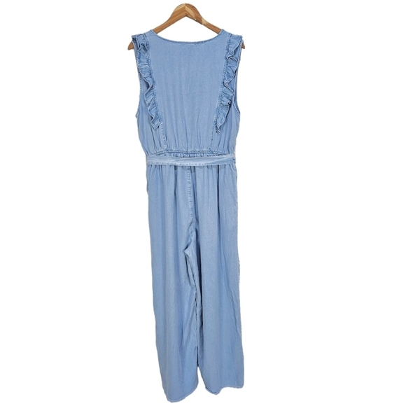 NWT Hayden Blue Tencel Buttoned Ruffle Tank Frayed Wide Leg Belted Jumpsuit - Picture 5 of 15